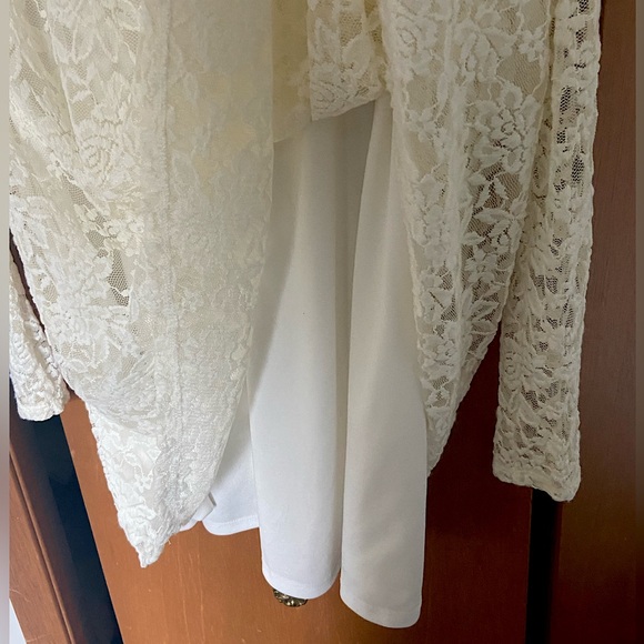 Ivory Lace Boatneck A-Line Mini Dress With Long Sleeves - Picture 3 of 4